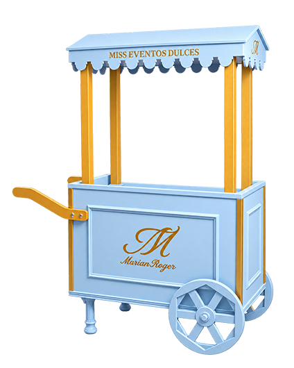 Carro decorativo vintage a medida con estructura en azul claro y detalles dorados, diseñado para eventos y espacios comerciales