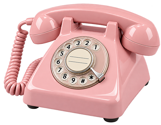 Teléfono vintage rosa de disco giratorio, estilo años 60, visto en perspectiva y con fondo transparente.